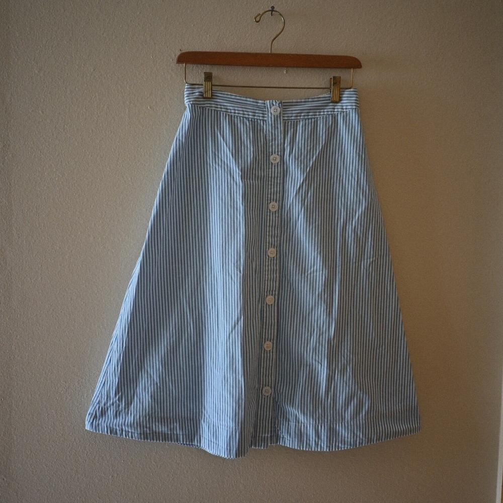 A New Day Blue White Striped Button Front A-Line Midi Skirt Cotton Womens Small